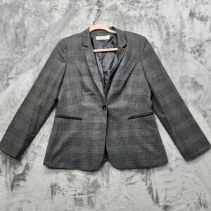 Tahari Arthur S. Levine Blazer Womens 6P PETITE Gray Plaid Black Faux Leather